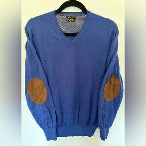 Massimo Dutti Blue V-Neck Sweater with Brown Elbow Patches.